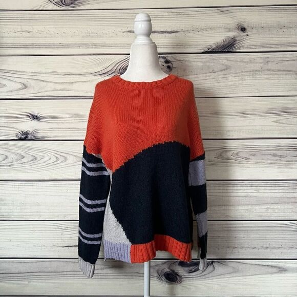 Zaket & Plover Orange & Navy Cashmere Wool Cotton Blend Colorblock Sweater - Picture 1 of 6